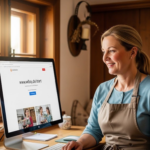 Gastwirtin blickt auf Monitor