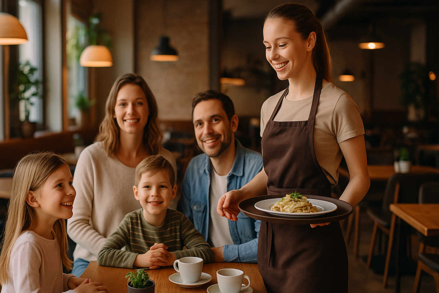 Erfolgreiche Werbung für die Gastronomie. Biedienung zeigt sich von ihrer besten Seite